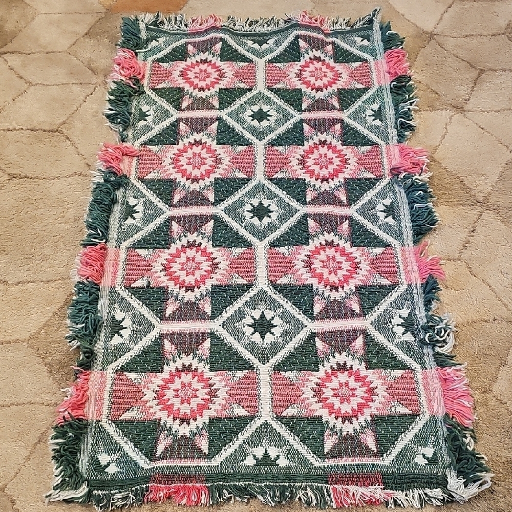 Area Rug Country Quilt Pattern Cotton Woven Fringe Vaccaro-Smith Green 40" X 22"